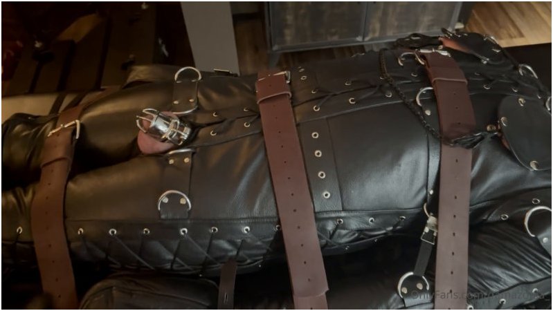Mistress Damazonia - My Gimp Is Covered By His Leather Suit  Tightly Tied Up To The Cage